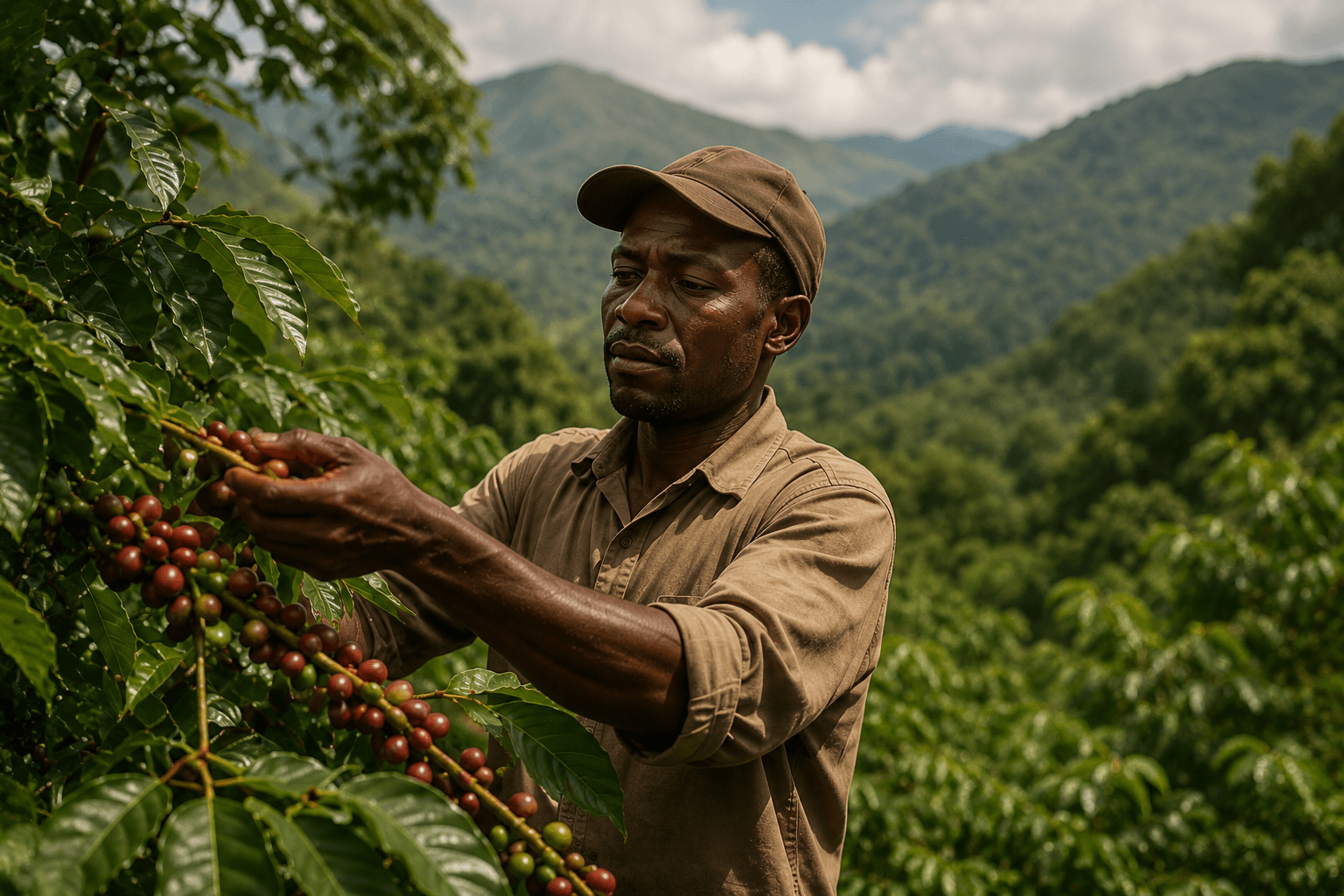 Ugandan coffee farmer harvesting cherries